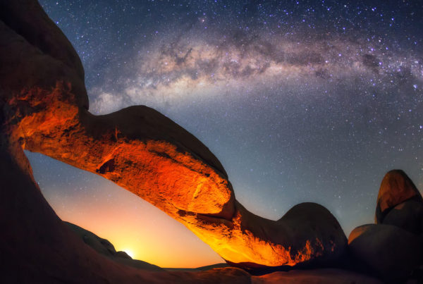 Stargazing with view of overhead spitzkoppe in the Sossusvlei in Namibia.