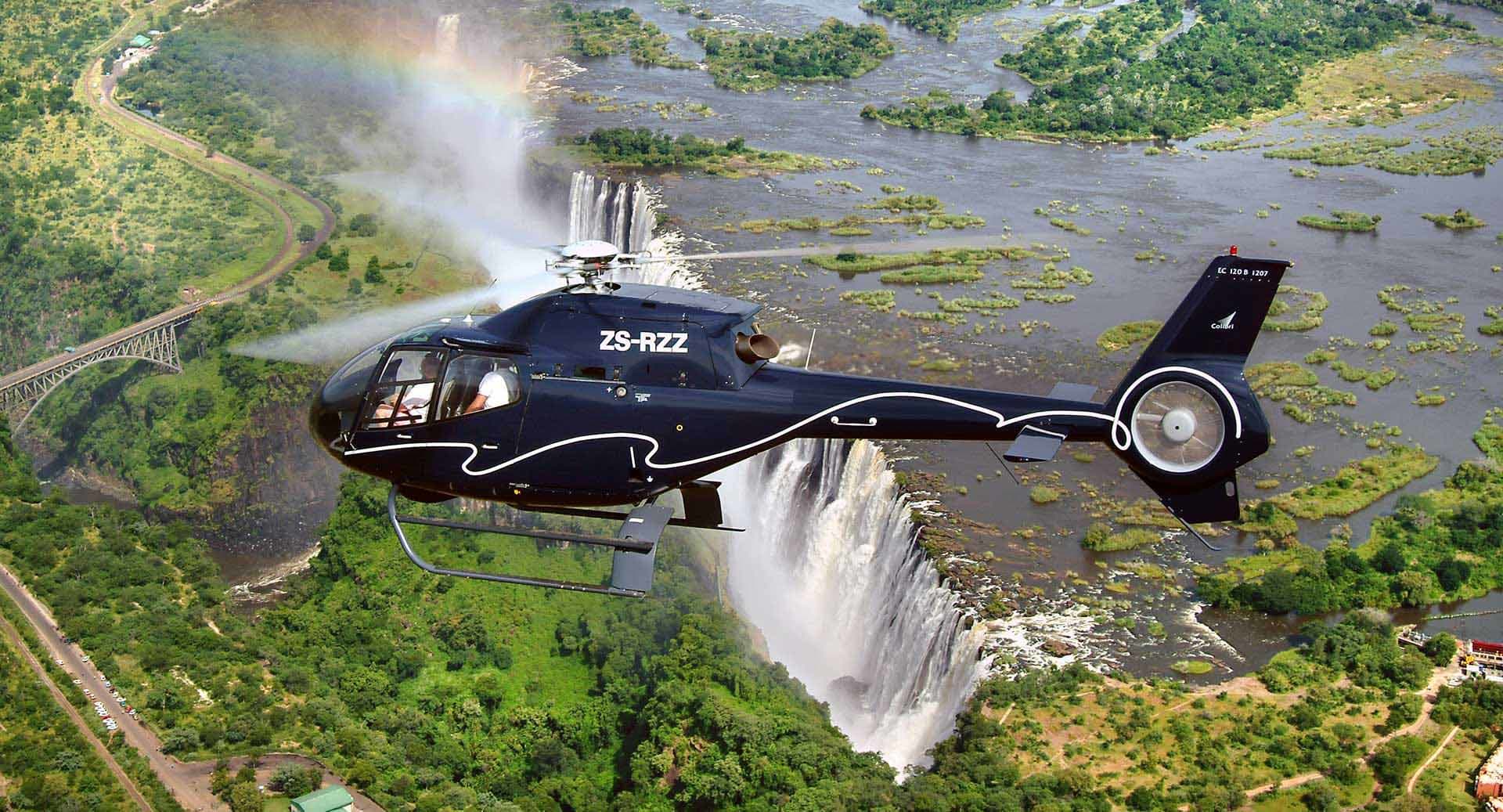 Private helicopter ride from the Livingstone Hotel in Zambia with view of Victoria Falls.